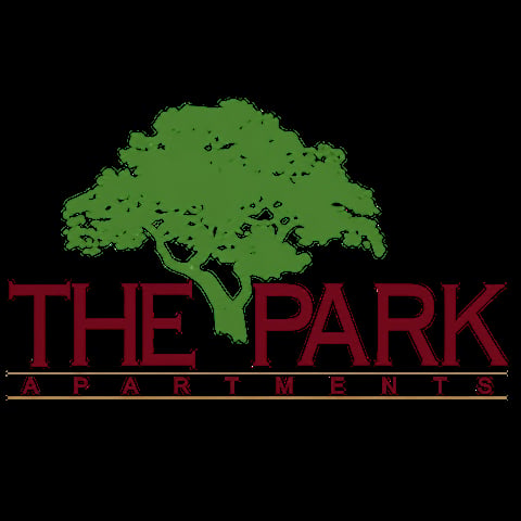 The Park Apartments logo featuring a green tree with dark red text and gold underline on black background