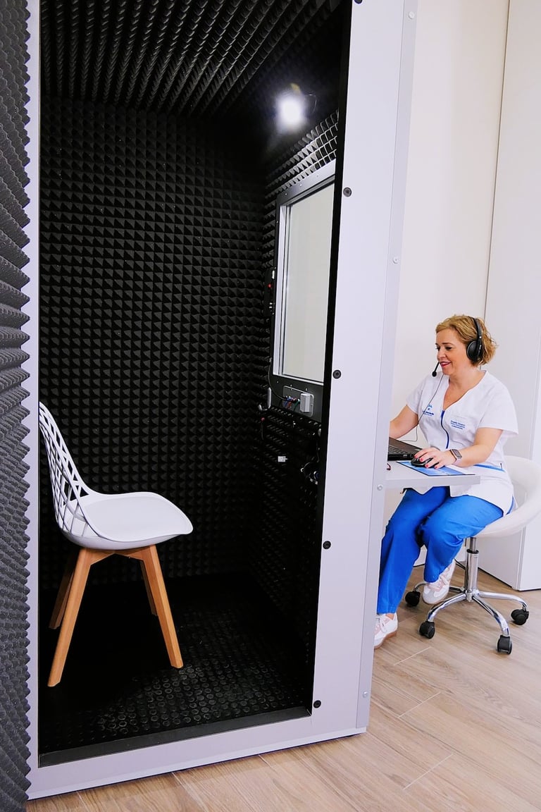 Woman in white shirt and blue pants sitting in front of a soundproof recording booth with black foam padding and white chair inside.