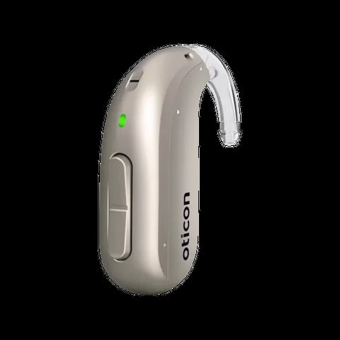 Oticon behind-the-ear hearing aid with curved design, green indicator light, and power button