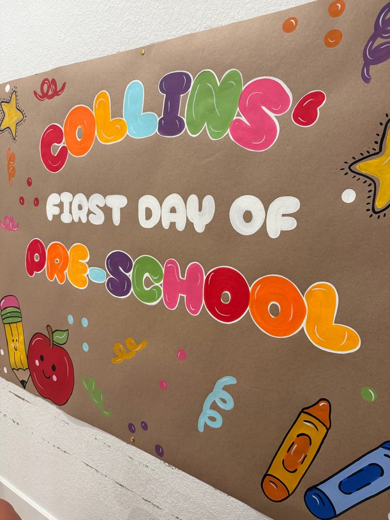 Colorful back-to-school bulletin board sign reading Welcome First Day of Preschool decorated with school supplies and smiling character illustrations