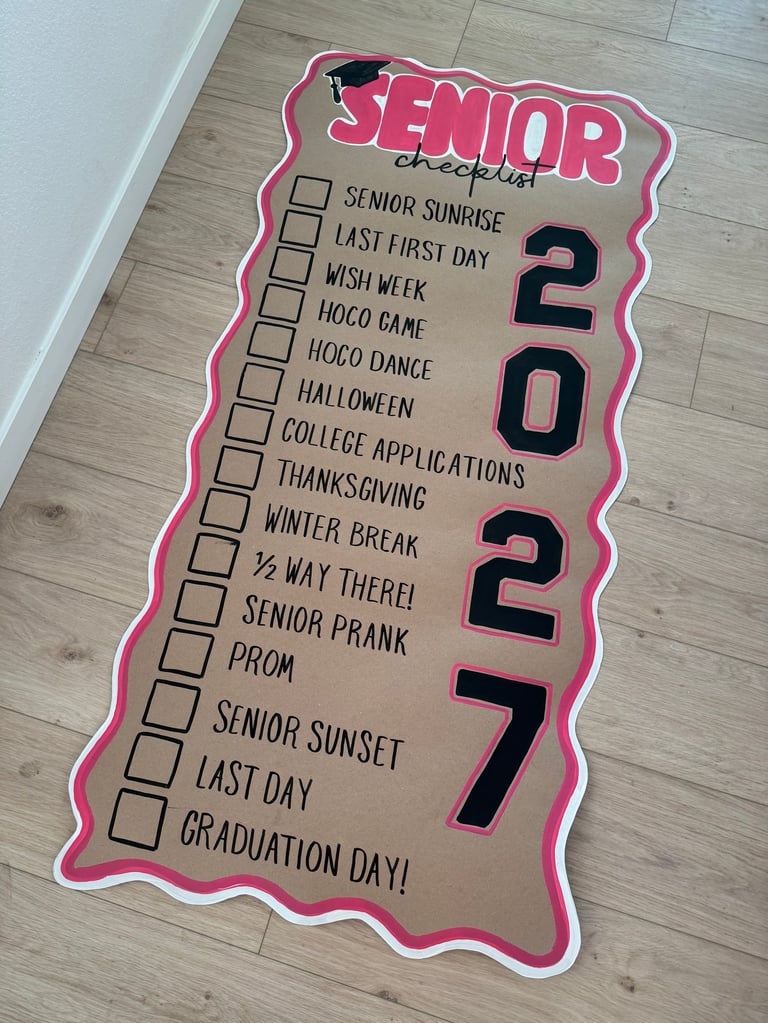 Pink and beige senior year 2027 checklist poster with graduation cap, listing 16 milestone events to check off throughout senior year
