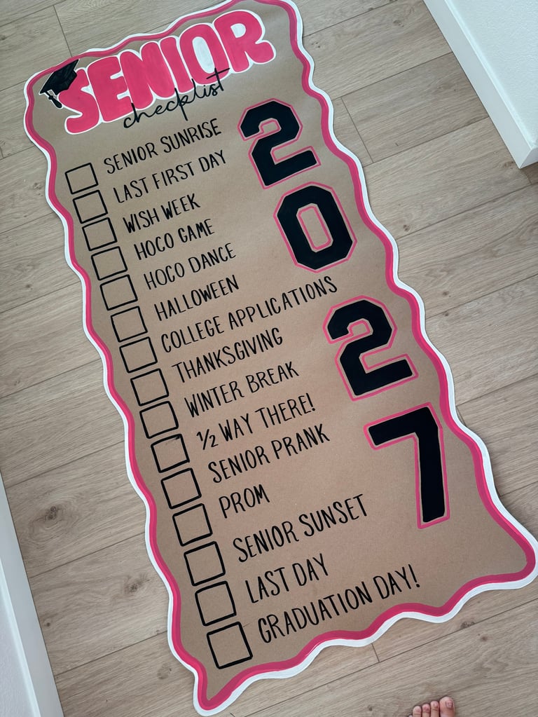Pink senior checklist poster shaped like a head with class of 2021 milestone events and checkboxes to mark throughout the year
