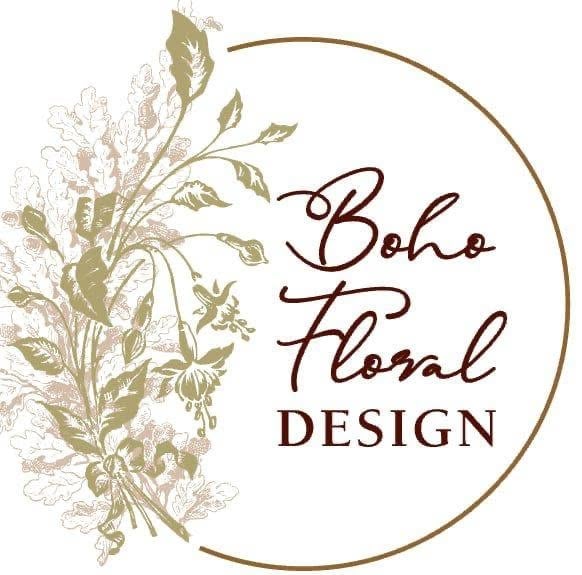 Boho Floral Design logo with elegant botanical line art flowers and circular frame on cream background