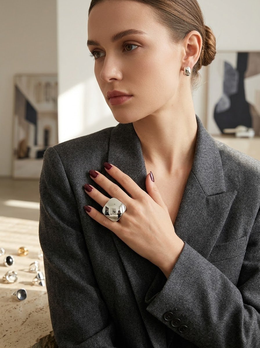 Mujer con blazer gris oscuro exhibiendo anillo grande de plata en la mano