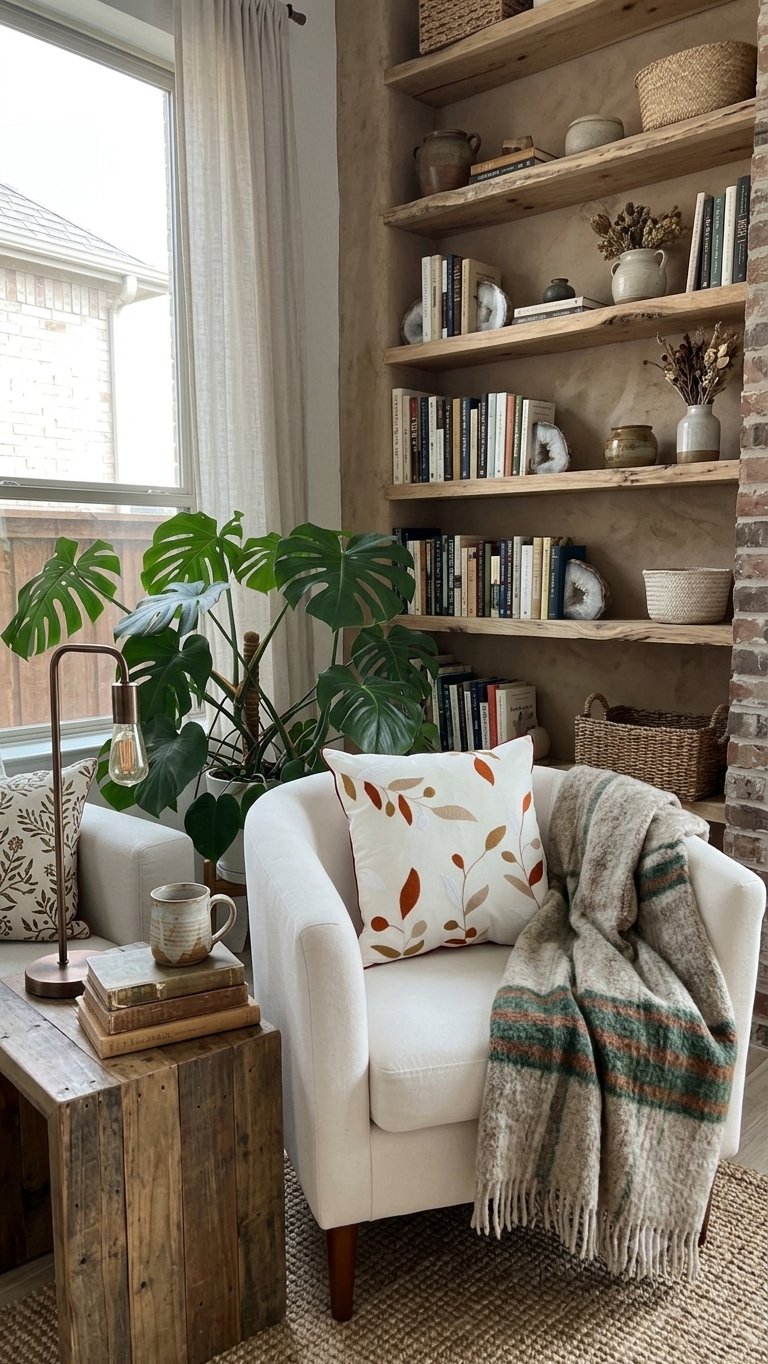 Rincón de lectura acogedor con sillón crema, monstera y estantes llenos de libros