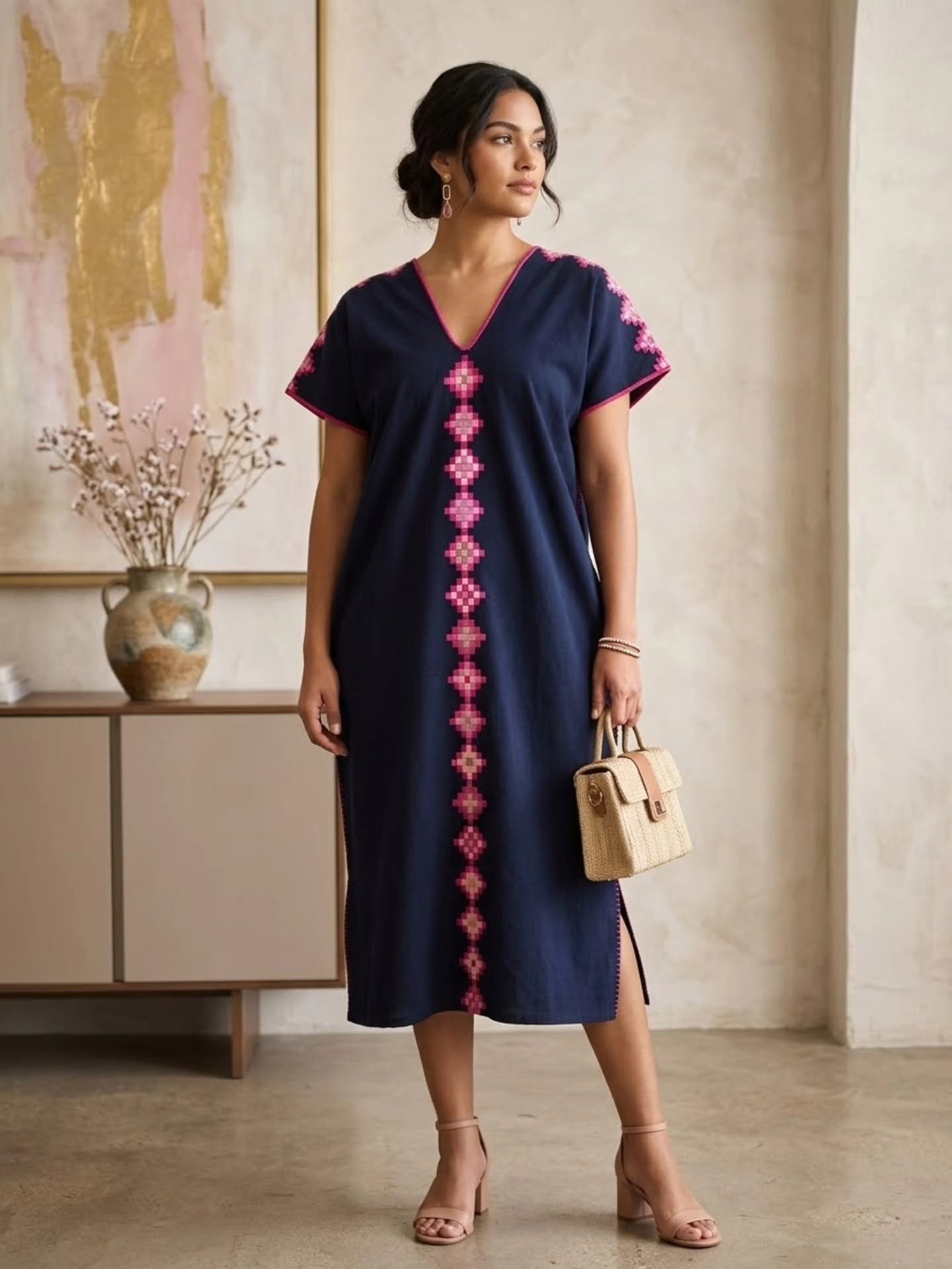 Mujer con huipil azul marino con bordado geométrico rosa, sosteniendo bolso dorado