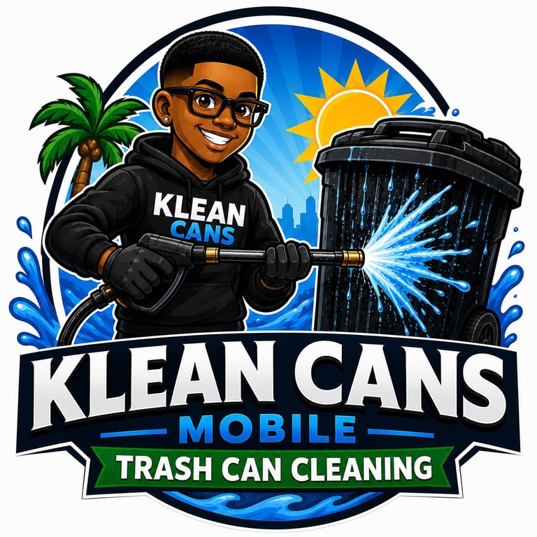 Klean Cans Mobile logo featuring a man in black jacket power washing a trash can with tropical and sunny background