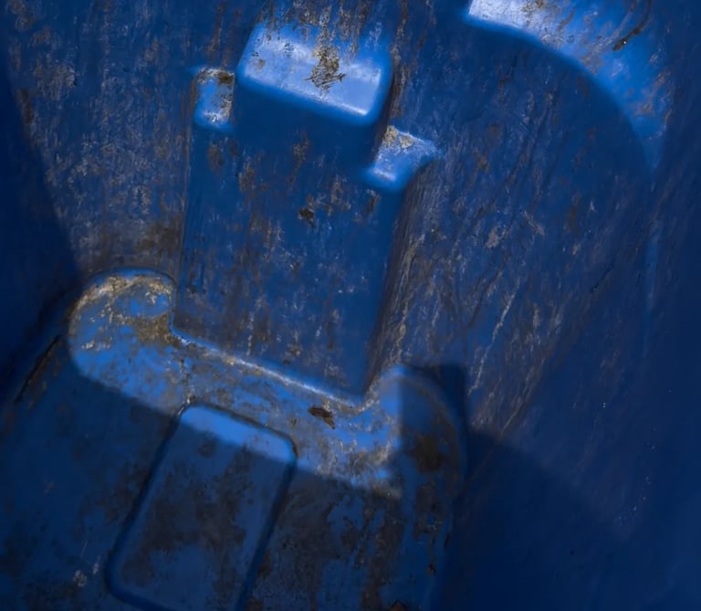 Overhead view of a heavily soiled blue recycling bin interior covered in grime, dirt, and stains before cleaning