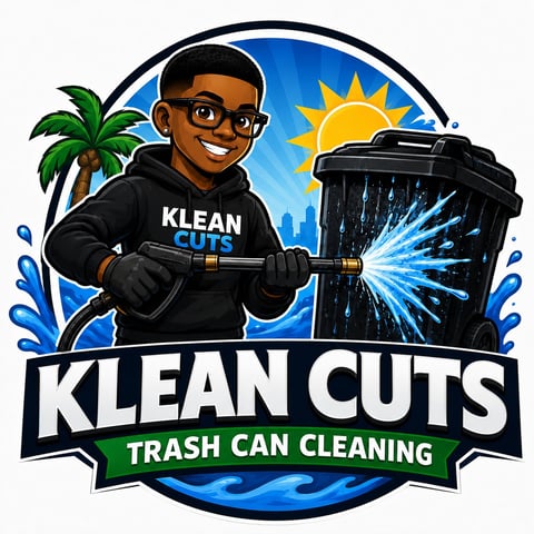 Klean Cuts trash can cleaning logo featuring a smiling person with a pressure washer cleaning a trash can under sunny skies