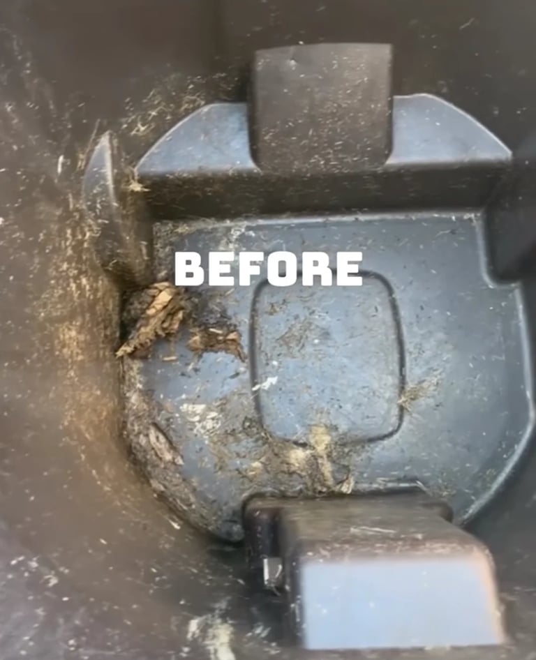 Dirty dark gray trash can interior covered in grime, dust, and debris before professional cleaning