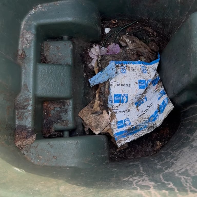 Overhead view of a dirty dumpster containing waste, food scraps, and a blue and white packaging bag