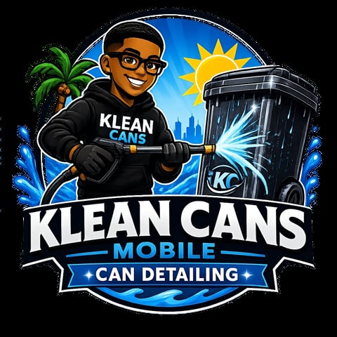 Klean Cans Mobile Can Detailing logo featuring a man holding a pressure washer spraying a trash can with cityscape and sun in background