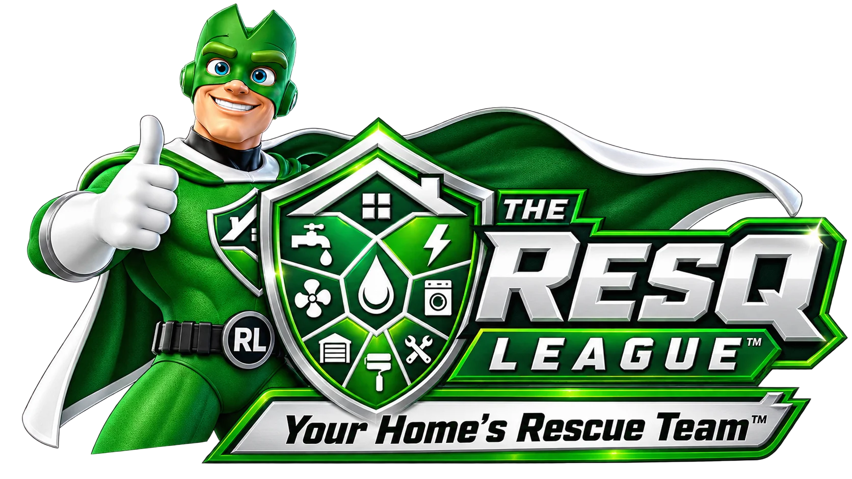 The ResQ League logo — a green superhero mascot giving a thumbs up beside a home-services shield emblem, with the wordmarks “THE RESQ LEAGUE” and “Your Home's Rescue Team”