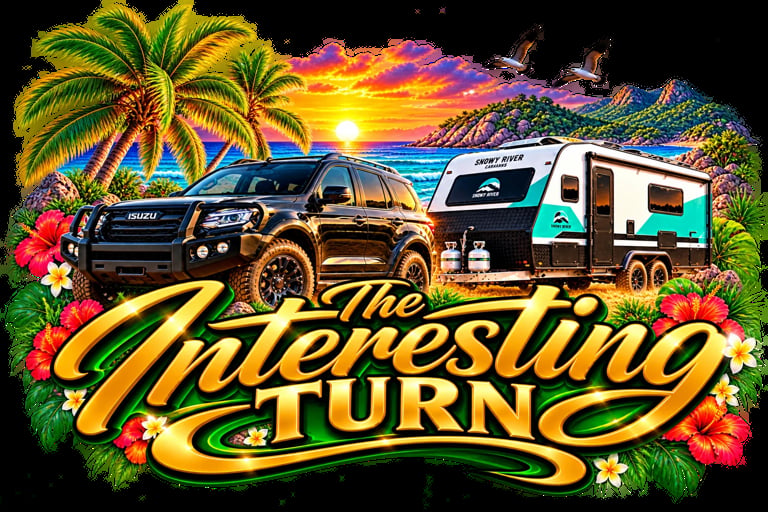 Black SUV and white travel trailer with The Interesting Turn logo on a tropical sunset and palm tree background