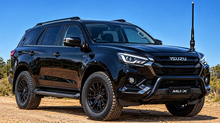 Black Isuzu MU-X SUV parked on gravel with a desert landscape in the background