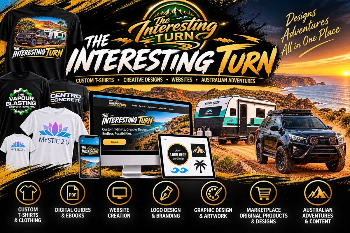 The Interesting Turn — Everything Under One Roof: branding, custom apparel, the black Isuzu MU-X with Snowy River caravan, and our service range