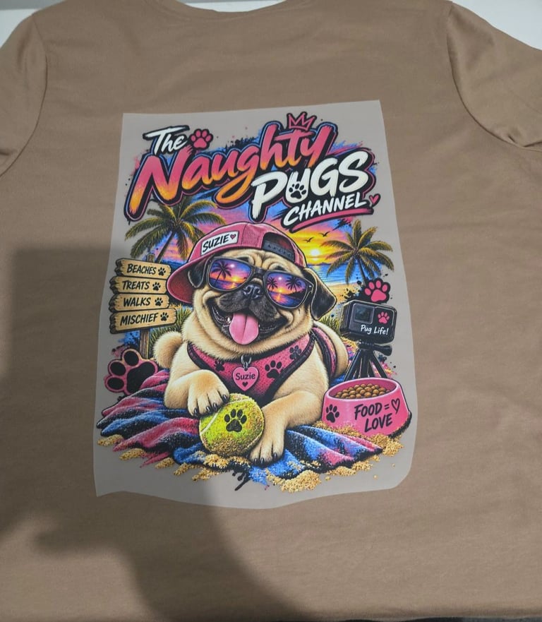 Beige t-shirt with colourful Naughty Pugs Channel graphic print featuring a pug wearing sunglasses and jewelry on a tropical background
