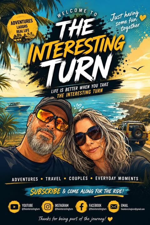 Couple in sunglasses with a tropical beach and palm trees in the background