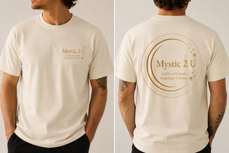 Front and back view of a cream coloured t-shirt with the Mystic 2 U logo and a circular crystals-themed design