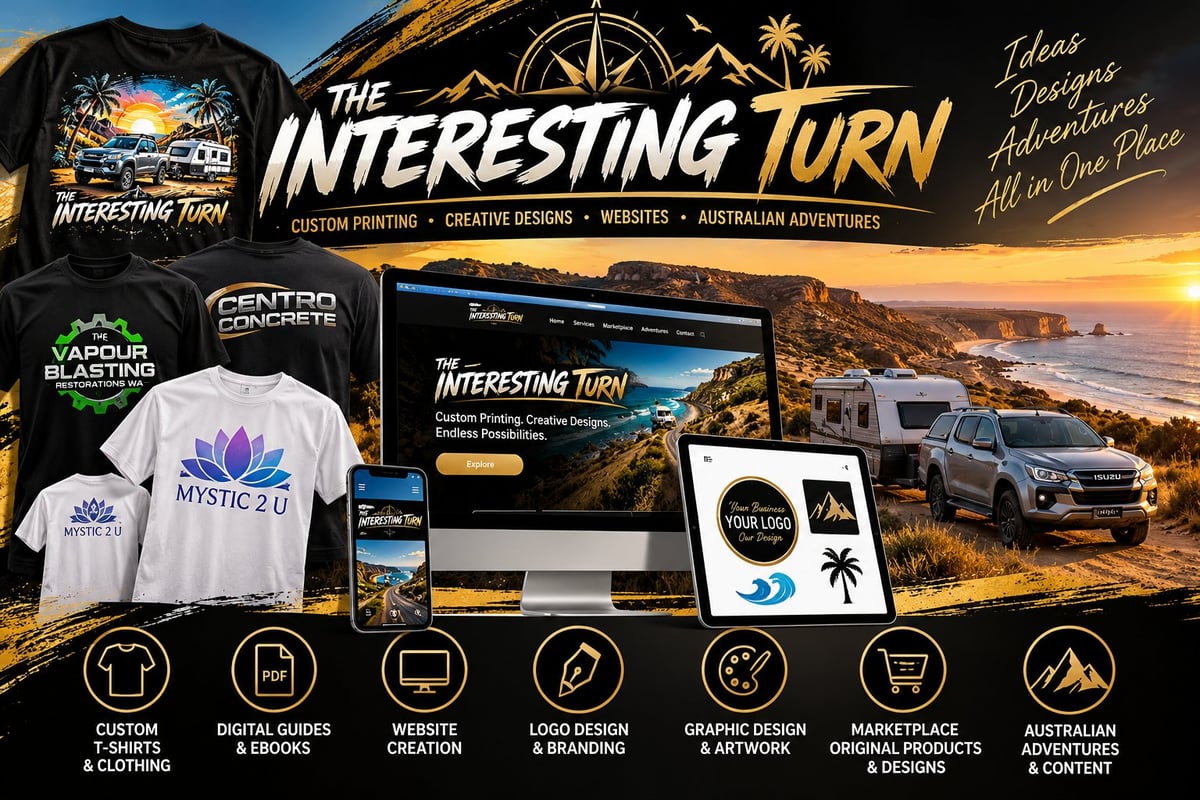 The Interesting Turn branding showcase displaying custom apparel, digital designs, website mockups and Australian adventure photography with service icons