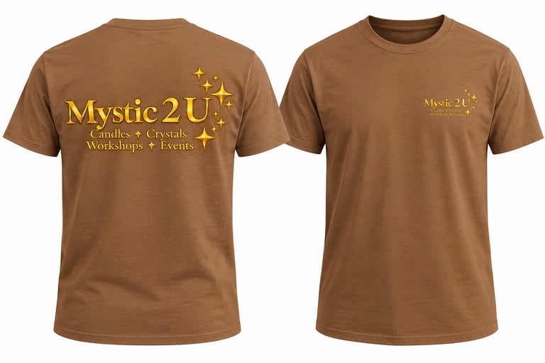 Brown t-shirt design for Mystic 2 U featuring gold text and stars, shown from front and back views