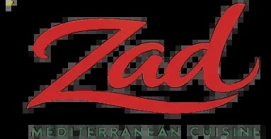 Zad Mediterranean Cuisine logo in red script with gray text underneath on black background