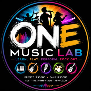 ONE Music Lab logo featuring colorful neon design with silhouettes of band members playing instruments and tagline Learn. Play. Perform. Rock Out.