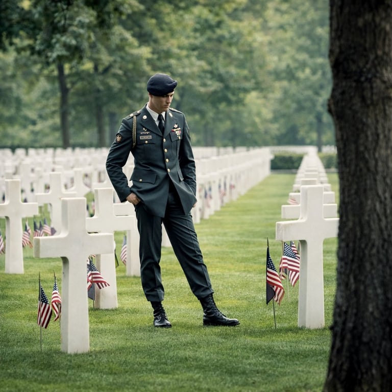 Matt, the founder of Rally Point, in military dress uniform standing among white headstones with American flags at a cemetery