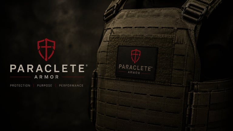 Paraclete Armor tactical vest with red shield logo, displaying protection, purpose, and performance messaging