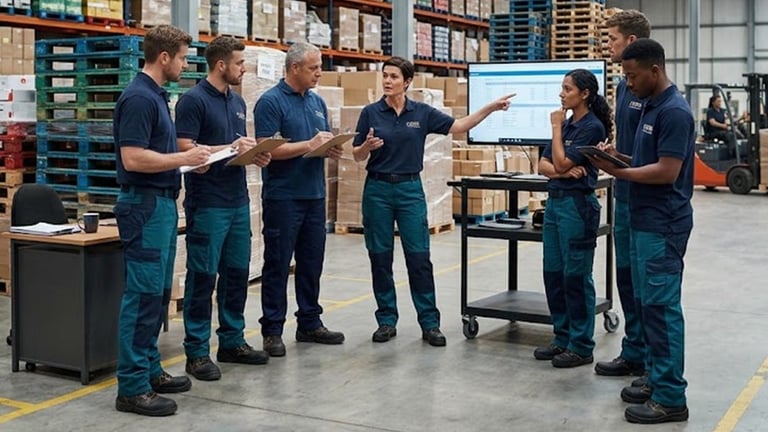 Six warehouse workers in blue shirts and work pants standing in a circle having a team meeting in an industrial warehouse setting with shelves and equipment in the background.
