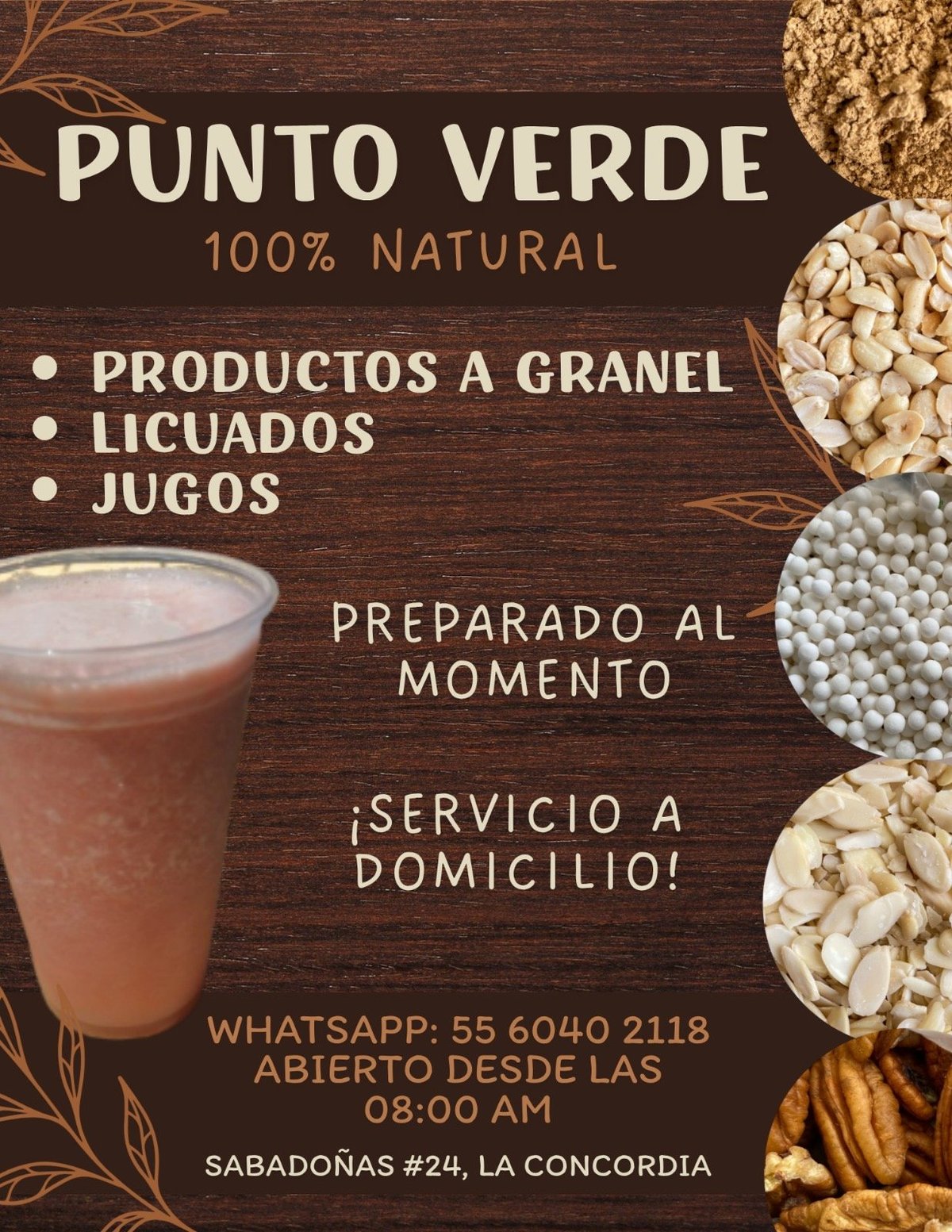 Punto Verde 100% natural menu poster featuring nuts, seeds, fresh juices, and smoothies with delivery and ordering information