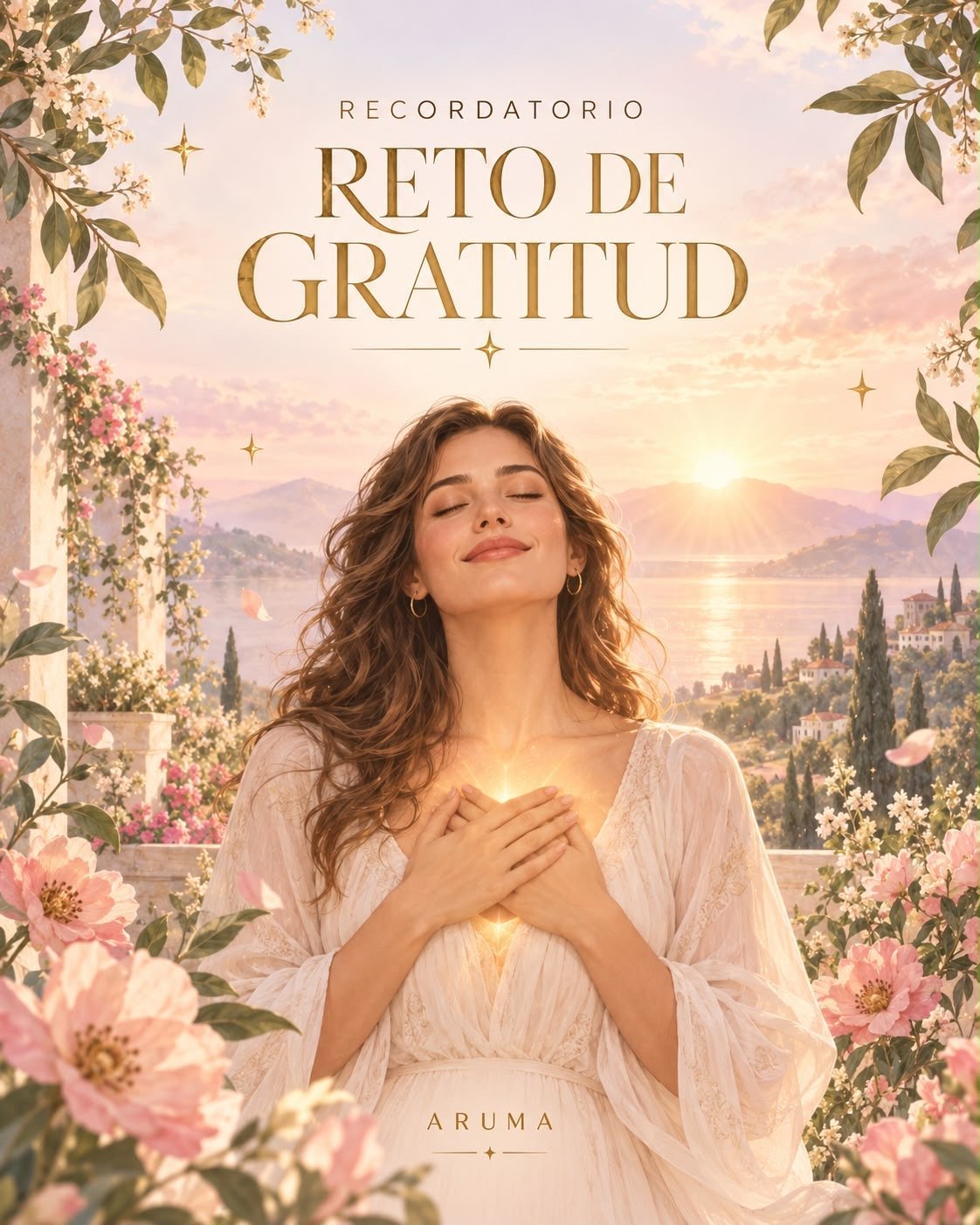 Woman in white dress with hand on chest, surrounded by pink flowers and greenery against sunset landscape background. Book cover for Recordatorio Reto de Gratitud by Aruma.
