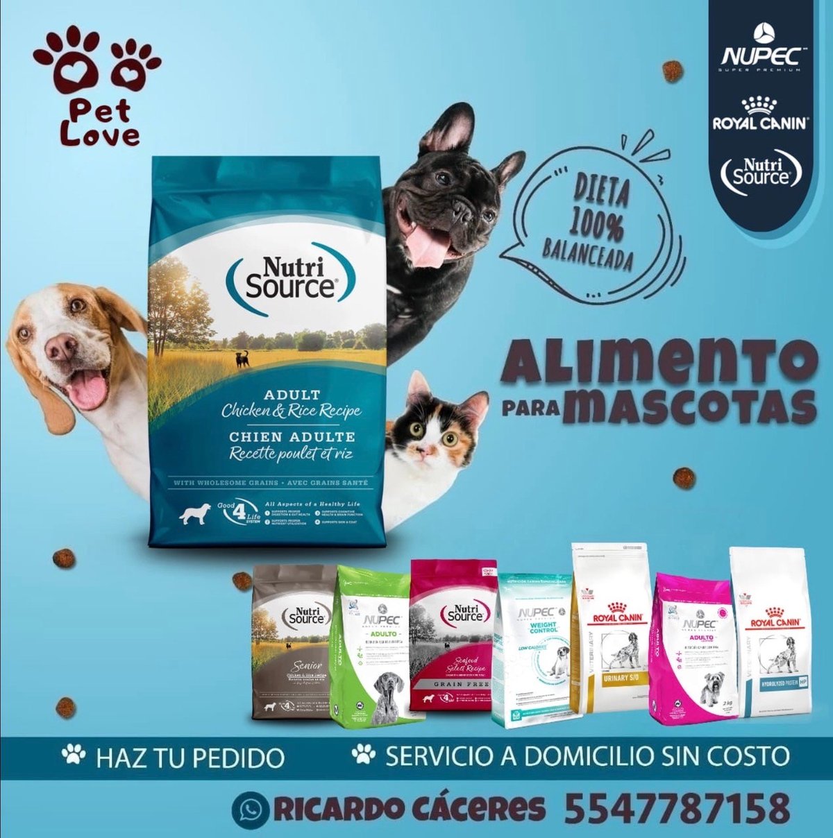 Pet food product advertisement showing Nutri Source dog food bag with dogs and Royal Canin veterinary diet products on blue background