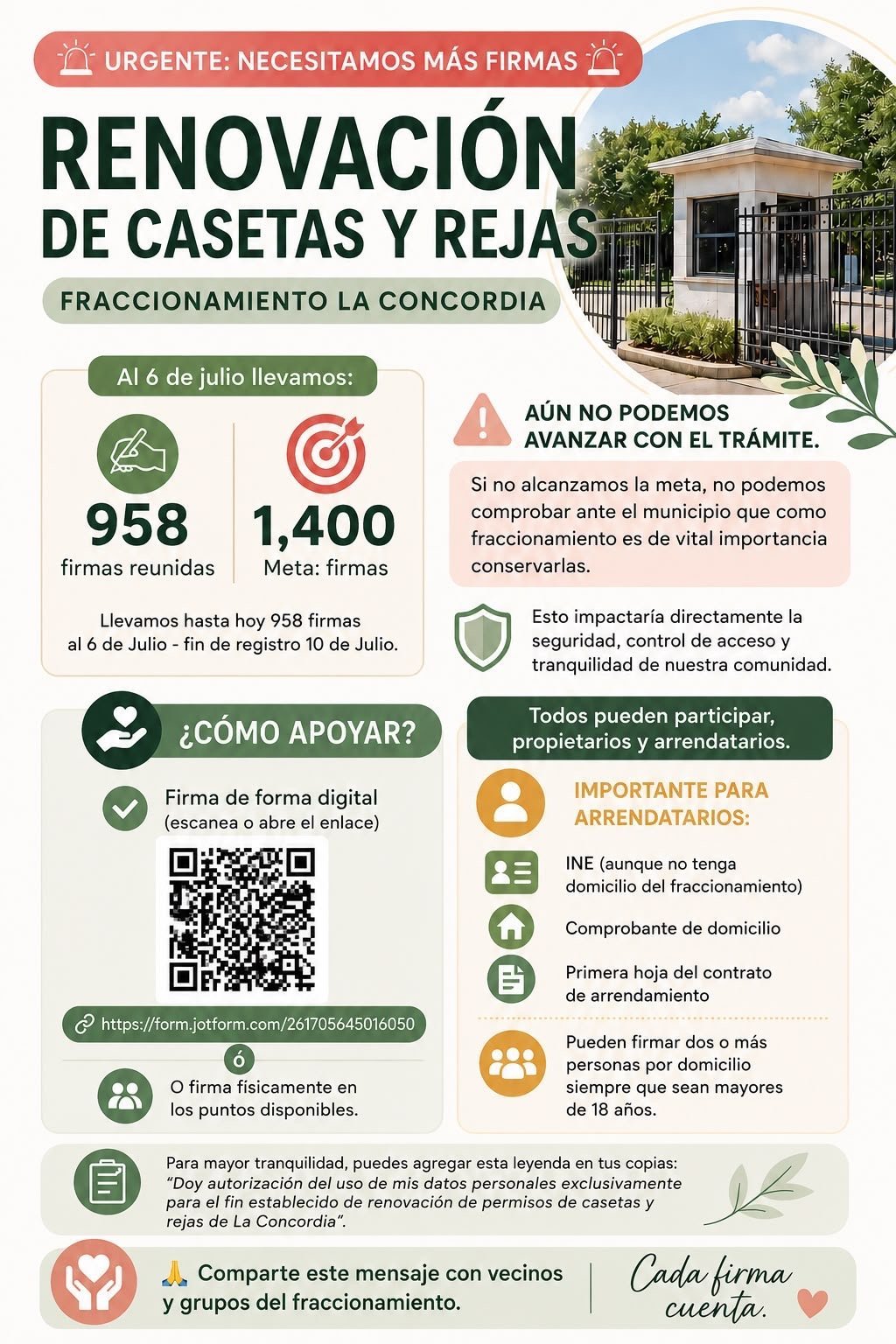 Spanish flyer for home renovation drive in La Concordia neighborhood seeking 1,400 signatures by July 6 for permit improvement