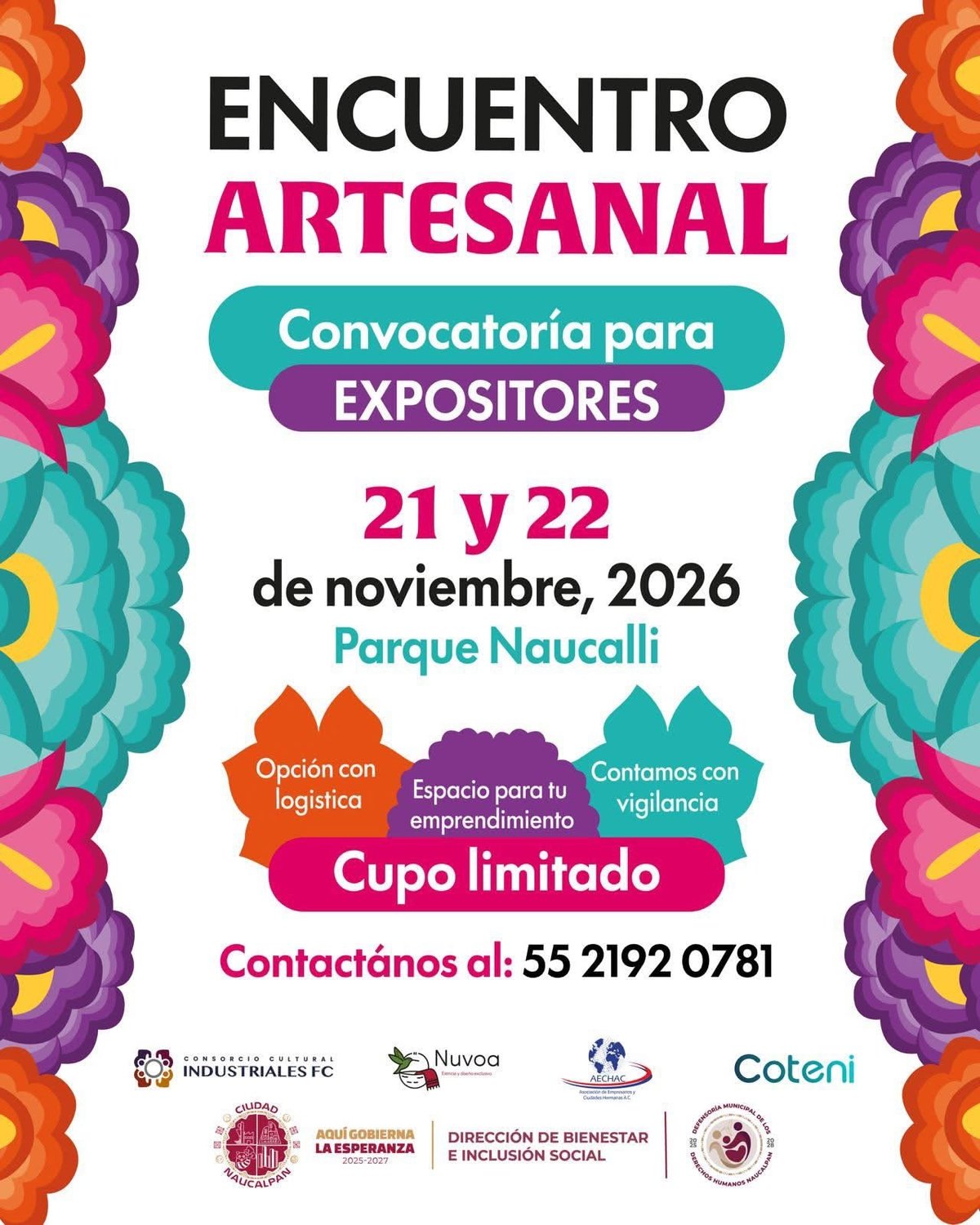 Encuentro Artesanal event poster advertising November 21-22, 2026 at Parque Naucalli with colorful flower decorations and exhibitor registration details