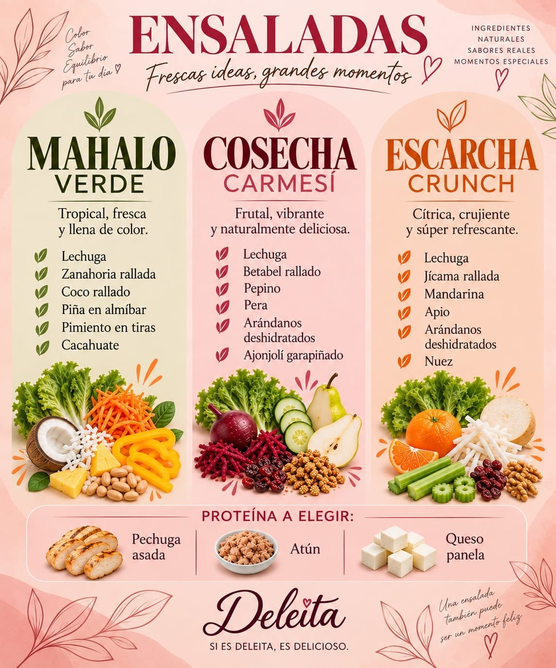 Spanish salad guide showing three varieties: Mahalo Verde, Cosecha Carmesi, and Escarcha Crunch with ingredients and protein options