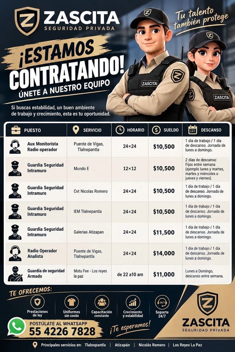 Zascita Security recruitment flyer advertising open positions with job details, salaries ranging from $10,500 to $14,000, and contact information for WhatsApp applications