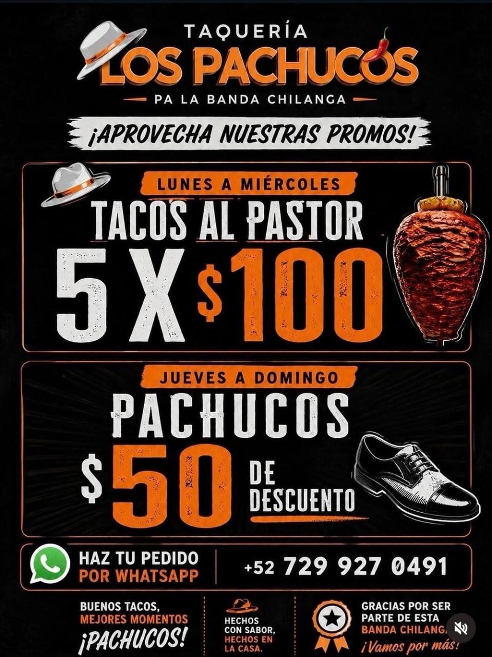 Taquería Los Pachucós promotional flyer advertising taco and pachuco sandwich deals with WhatsApp ordering information