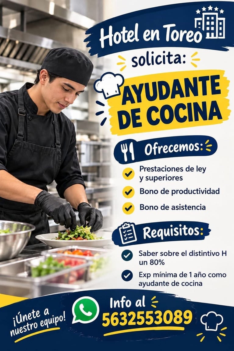 Job recruitment poster for Hotel en Toreo seeking kitchen assistant with young man preparing salad in commercial kitchen