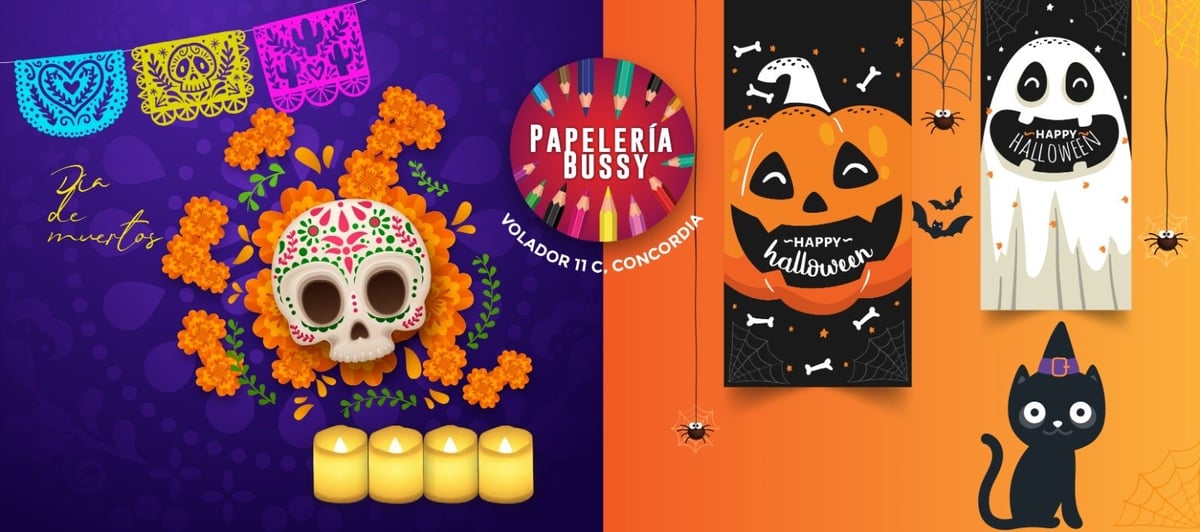 Halloween and Day of the Dead decorations including a skull with marigolds, jack-o-lantern, ghost, black cat, and festive banners on purple and orange backgrounds