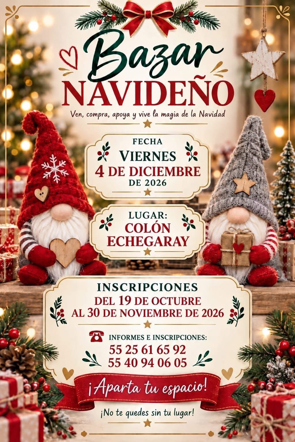 Bazar Navideño poster advertising a Christmas market on December 4, 2026 in Colon Echegaray with registration details and festive decorations