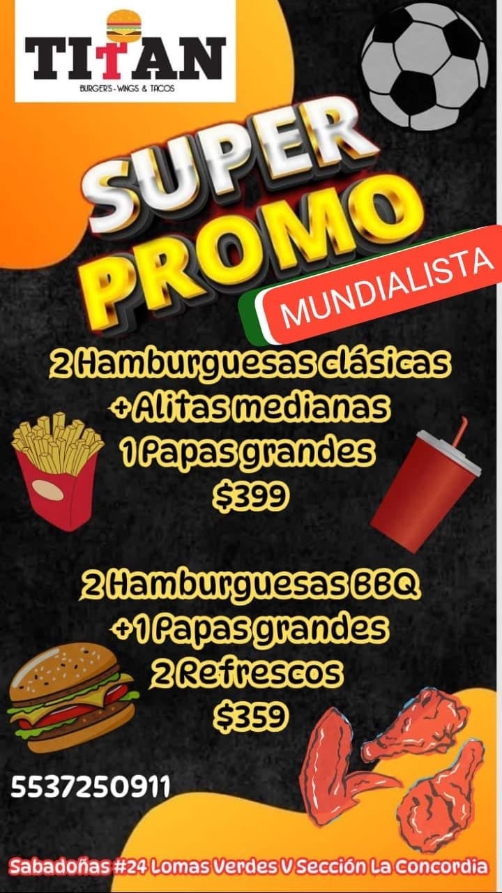 Titan burger restaurant promotional flyer advertising combo meals and specials with prices in pesos