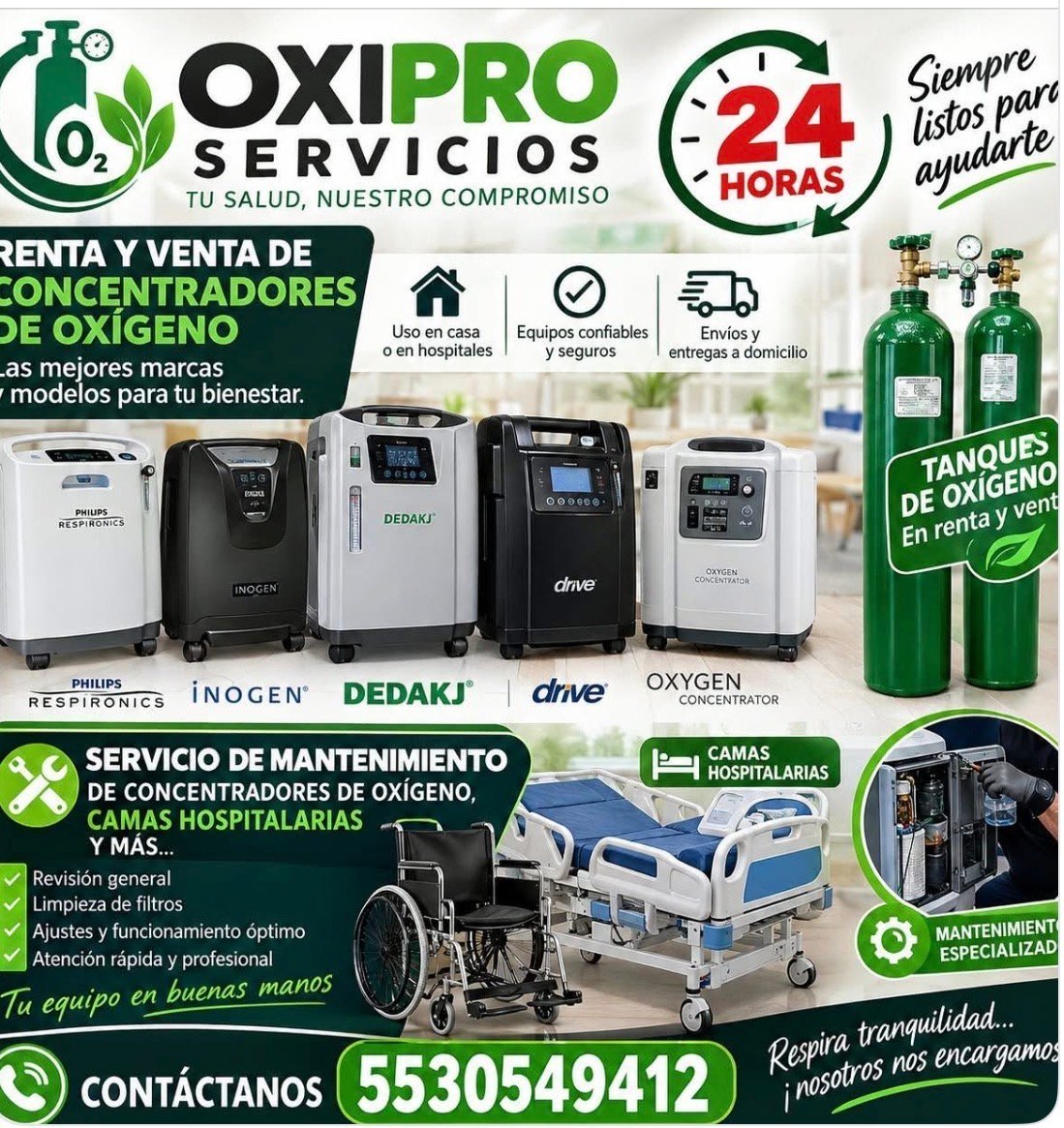 OXIPRO Servicios oxygen concentrator rental and sales flyer with 24-hour service, equipment models, and maintenance offerings