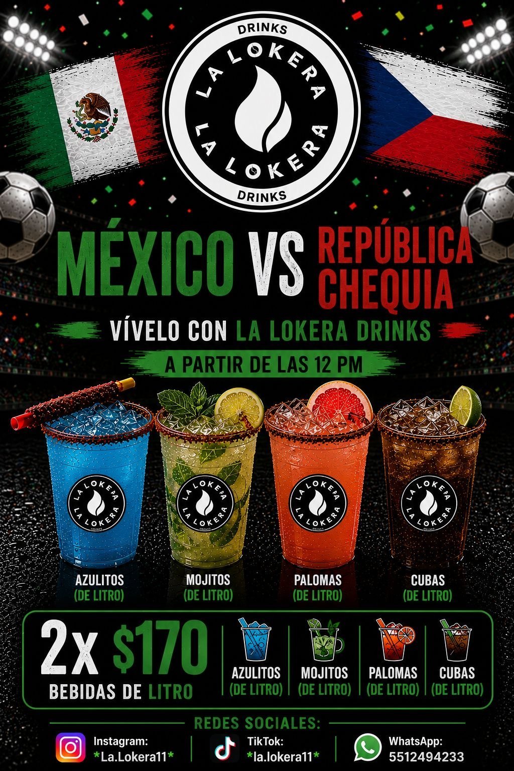 La Lokera Drinks cocktail promotion featuring colorful drinks and 2x170 special offer