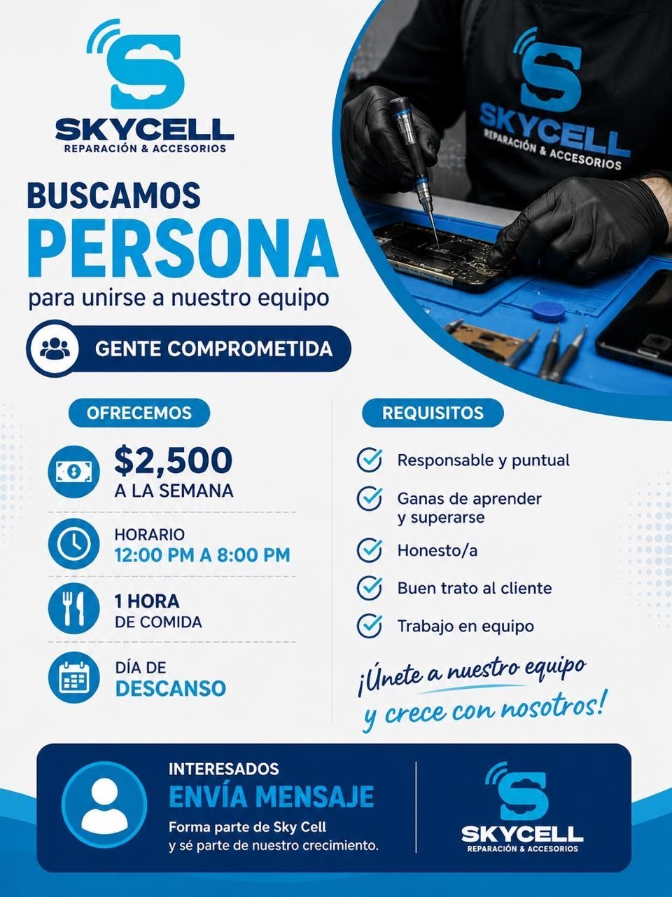 Skycell job recruitment poster in Spanish seeking personnel with $2,500 weekly salary and 12pm-8pm schedule