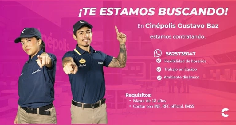 Two male workers in navy uniforms and caps pointing at camera with hiring text and contact details on pink background