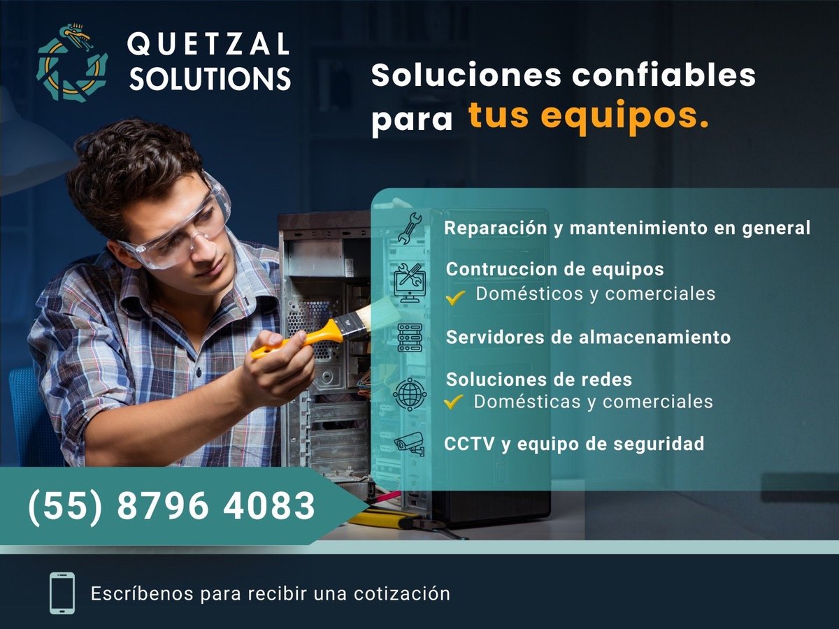 Quetzal Solutions technician working on equipment with services list and contact number 8796 4083 for reliable tech support