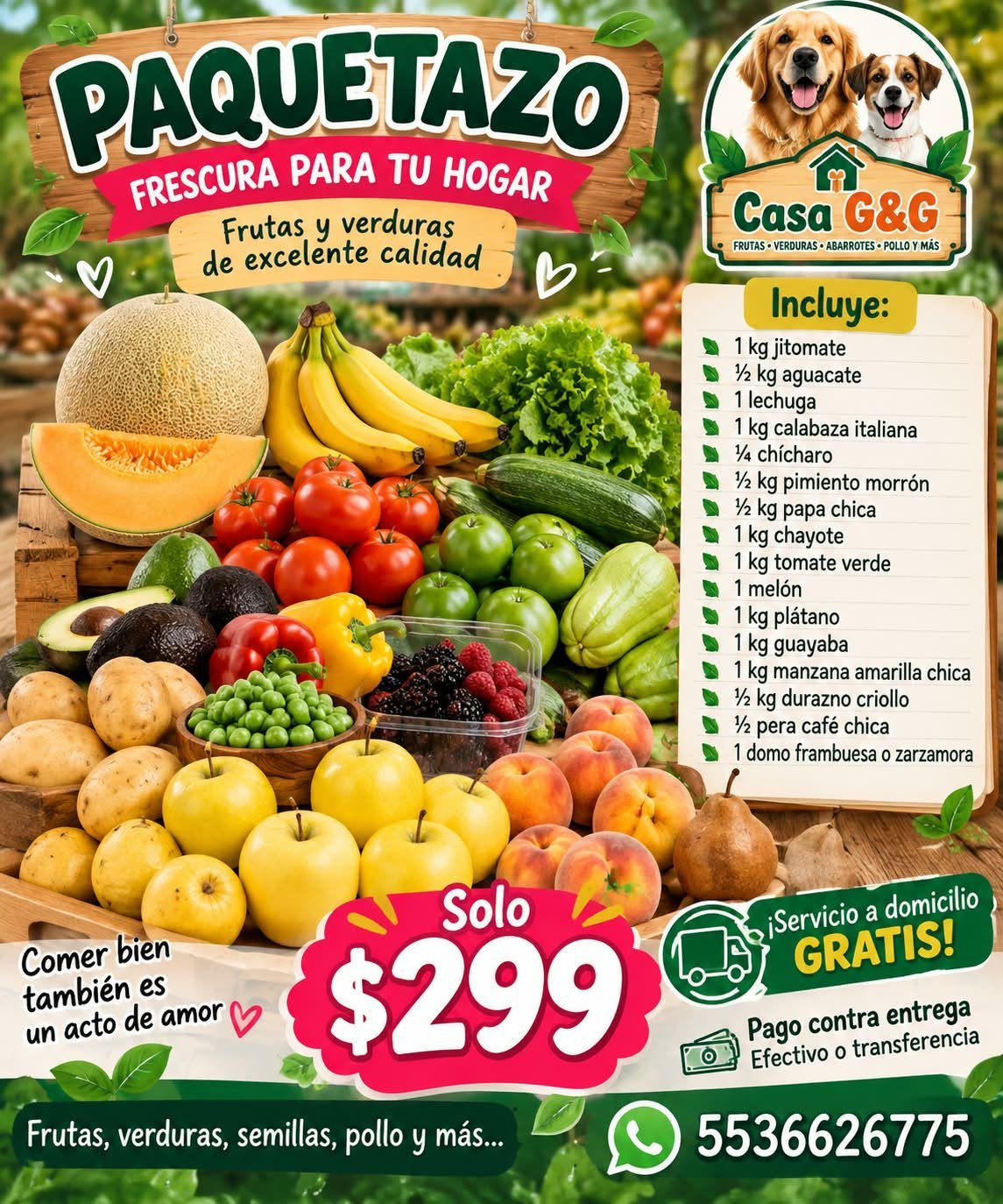Promotional flyer for Casa G&G fruit and vegetable box delivery service showing fresh produce for $299 with free home delivery