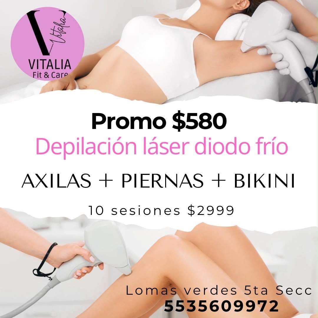 Promotional flyer for Vitalia laser hair removal treatment offering diode laser hair removal for arms, legs and bikini area at discounted price