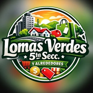 Lomas Verdes 5ta Secc y Alrededores logo con edificios, casa e íconos de comercio en insignia circular verde
